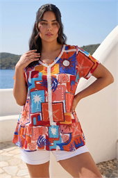 Curve Leaf Print V-Neck Lace Top