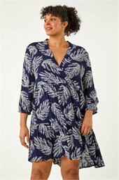 Curve Leaf Print Wrap Smock Dress