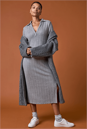 Collar Ribbed Knit Midi Dress