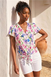 Floral Print Tie Front Top