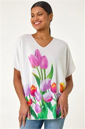 Tulip Motif V-Neck Stretch Top