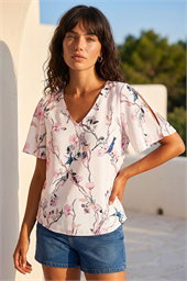 Floral Angel Sleeve V-Neck Top
