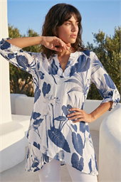 Palm Print V-Neck Wrap Hem Tunic Top