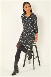 Petite Polka Dot Gathered Stretch Dress