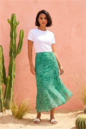 Dusk Leaf Print Ruffle Midi Skirt