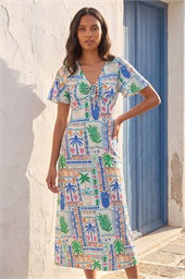 Postcard Print Tie Front Midi Dres