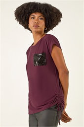 Sequin Pocket Side Ruched T-Shirt
