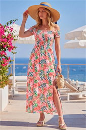 Floral Print Bardot Shirred Midi Dress