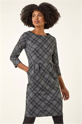 Checked Front Pleat Shift Dress