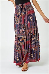 Boho Floral Shirred Waist Maxi Skirt