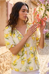 Lemon Print Tie Front Top