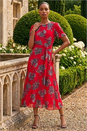 Floral Print Pleat Neck Midi Dress