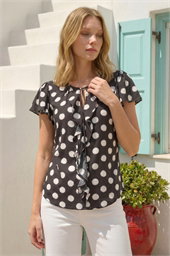 Spot Print Ruffle Tie Front Top