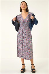 Abstract Print Shirred Midi Dress