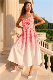 Petite Floral Waist Stretch Midi Dress