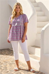 Curve Tie Front V-Neck Boho Printed Top