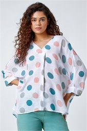 Polka Dot Print Pleat Front Top