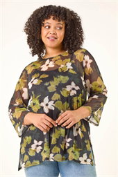 Curve Floral Print Mesh Top