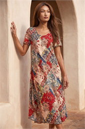 Patchwork Print Curved Hem Midi Dress