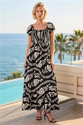 Leaf Print Shirred Maxi Dress