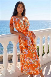 Petite Leaf Print Shirred Midi Dress