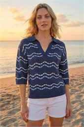 Stripe Wave Knit Polo Top