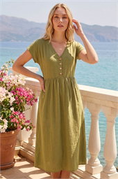Linen Look Button Midi Dress