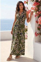 Leaf Print Twist Front Maxi Dress