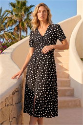 Polka Dot Ruched Sleeve Midi Dress