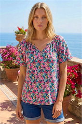 Floral Gathered V-Neck Stretch Top