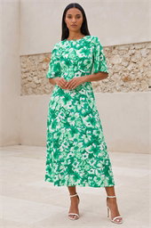 Floral Print Angel Sleeve Midi Dress
