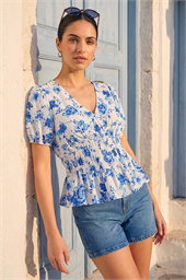 Dusk Floral Print Shirred Peplum Top