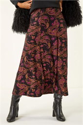 Paisley Print Midi Stretch Skirt