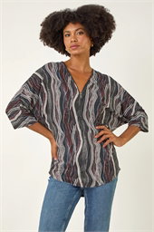 Abstract Print Zip Front Stretch Top