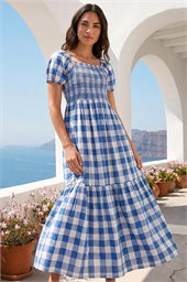 Check Print Shirred Midi Dress