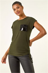 Sequin Pocket Side Ruched T-Shirt