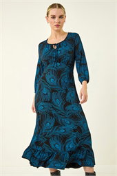 Petite Feather Print Keyhole Midi Dress