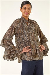 Animal Print Tie Front Flared Top