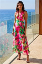 Floral Print Halter Neck Maxi Dress