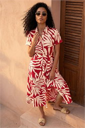 Leaf Print Belted Midi Shirt Dress