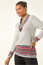 Nordic Print Button Detail V-Neck Jumper