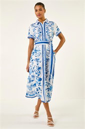Floral Border Print Collared Shirt Dress