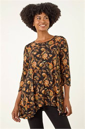 Floral Print Hanky Hem Stretch Top