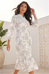Floral Puff Print Buttoned Midi Dress