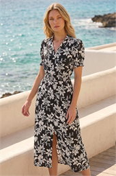 Floral Shirred Collared Midi Dress
