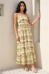 Tree Tile Print Strappy Tie Midi Dress