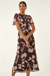 Floral Print Flutter Sleeve Midi Dress