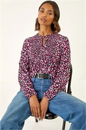 Printed Shirred Tie Neck Top