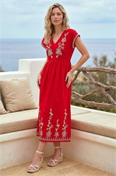 Embroidered V-Neck Midi Dress