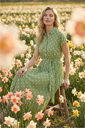 Polka Dot Pleated Shirt Midi Dress 
